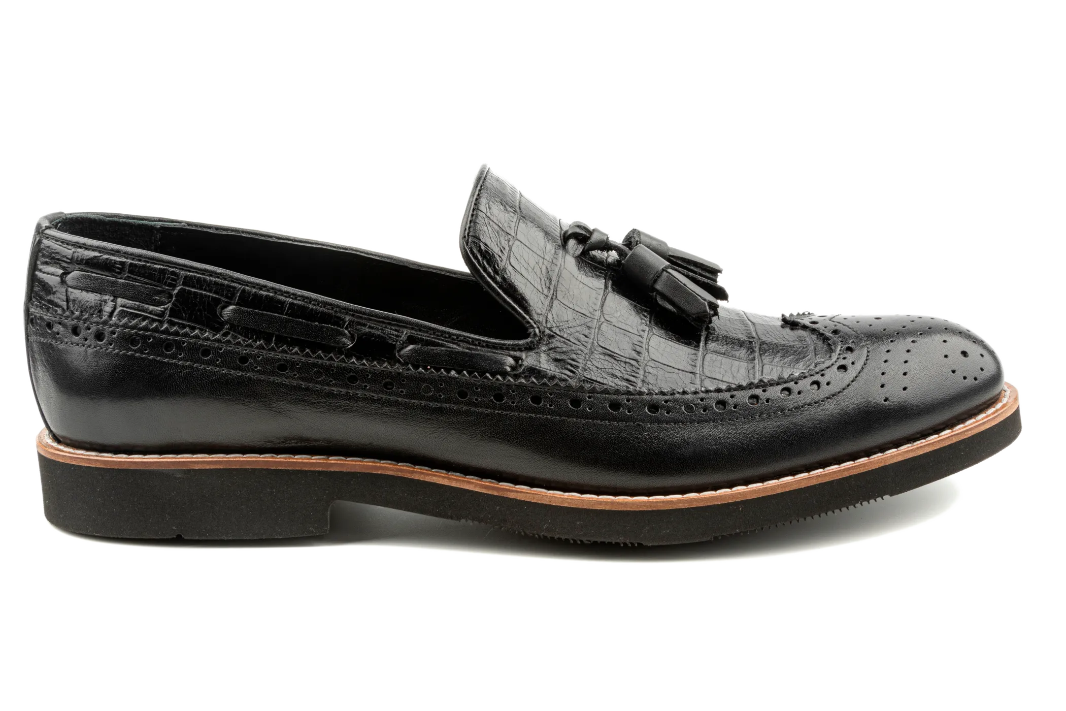 Alligator Pattern Embossed Leather Tassel Loafers, Longwing Black Leather Loafers for Men, Comfortable Leather Slip-On  Loafers Kea by Debbano