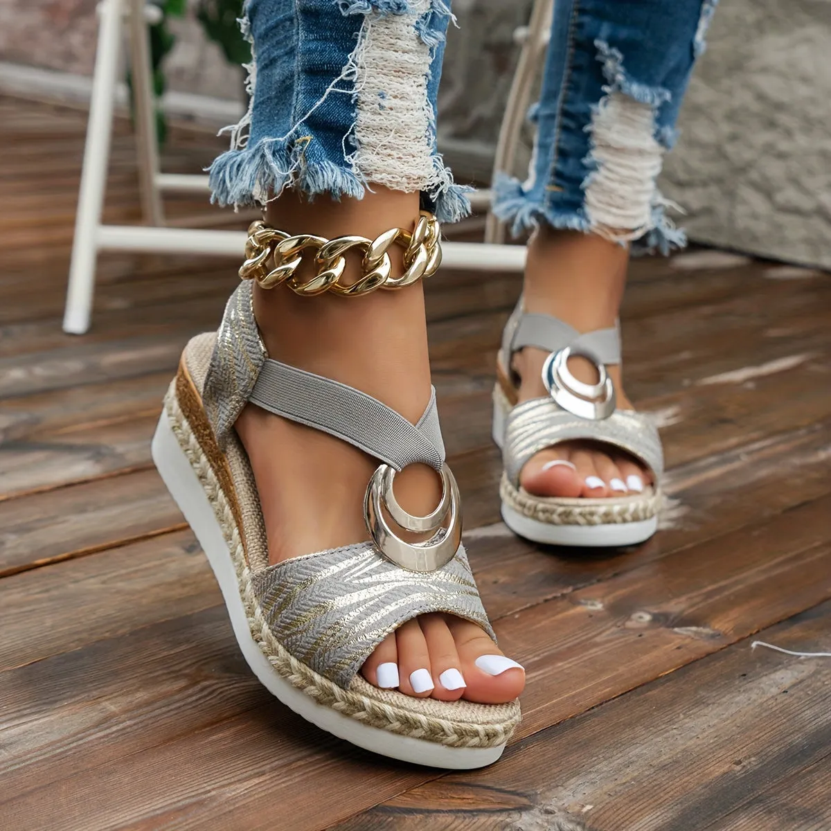 Amozae-Women's Solid Color Wedge Sandals, Buckle Design Platform Ankle Strap Casual Shoes, Versatile Summer Walking Shoes