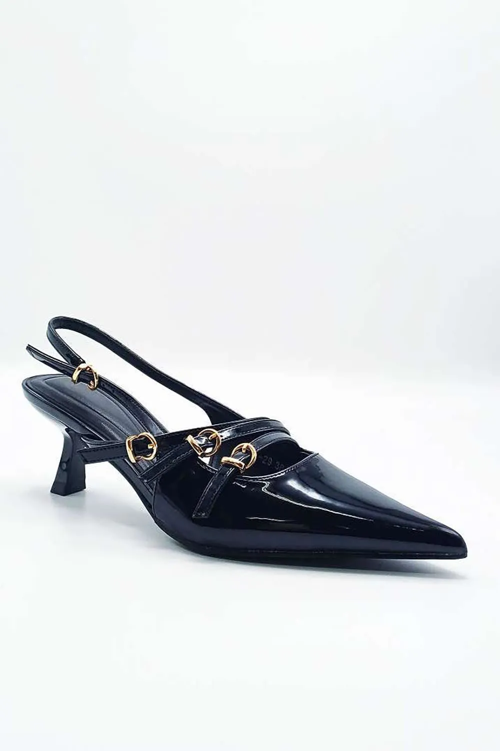 Azzura Pointed Toe 3 Strap Buckle Detail Slingback Court Shoes in Black