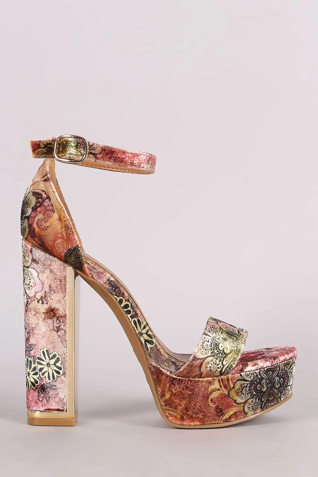 Bamboo Floral Print Velvet Ankle Strap Platform Heel