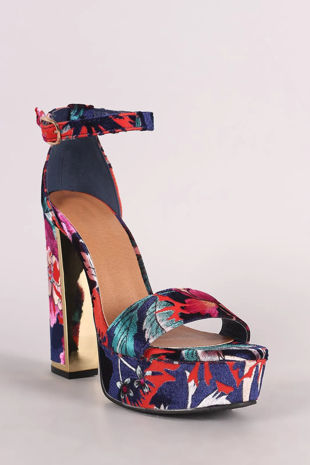 Bamboo Floral Print Velvet Ankle Strap Platform Heel