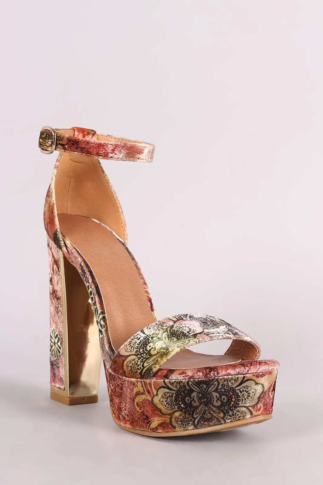 Bamboo Floral Print Velvet Ankle Strap Platform Heel