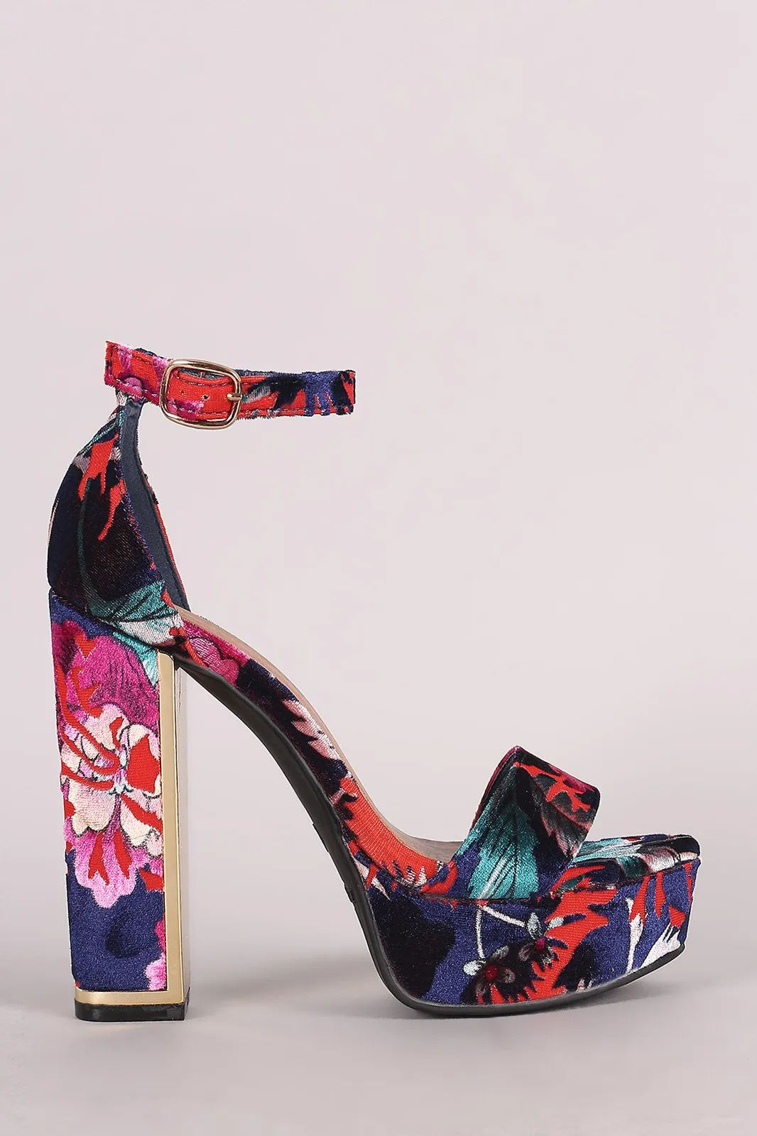 Bamboo Floral Print Velvet Ankle Strap Platform Heel