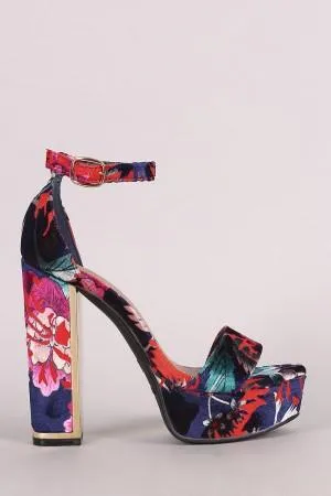 Bamboo Floral Print Velvet Ankle Strap Platform Heel