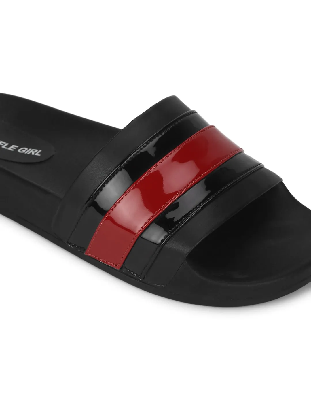 Black PU Slides with Black-Red Stripes