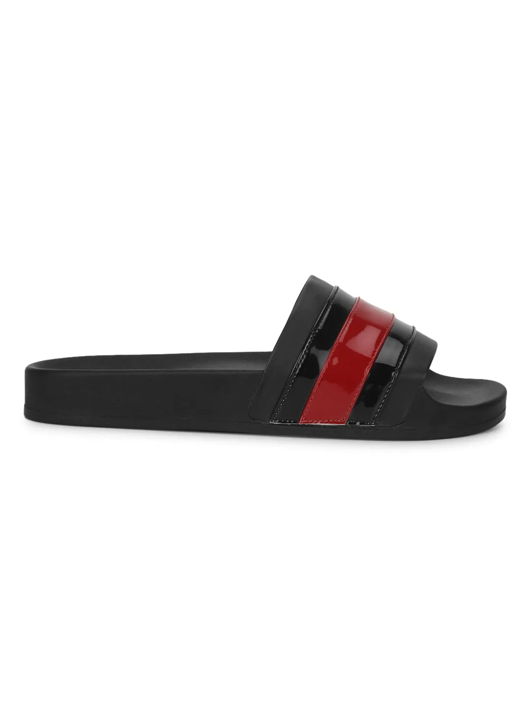 Black PU Slides with Black-Red Stripes