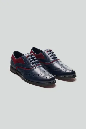 Boys Lace Up Oxford Brogue shoes - RUSSEL - Navy Blue - Red