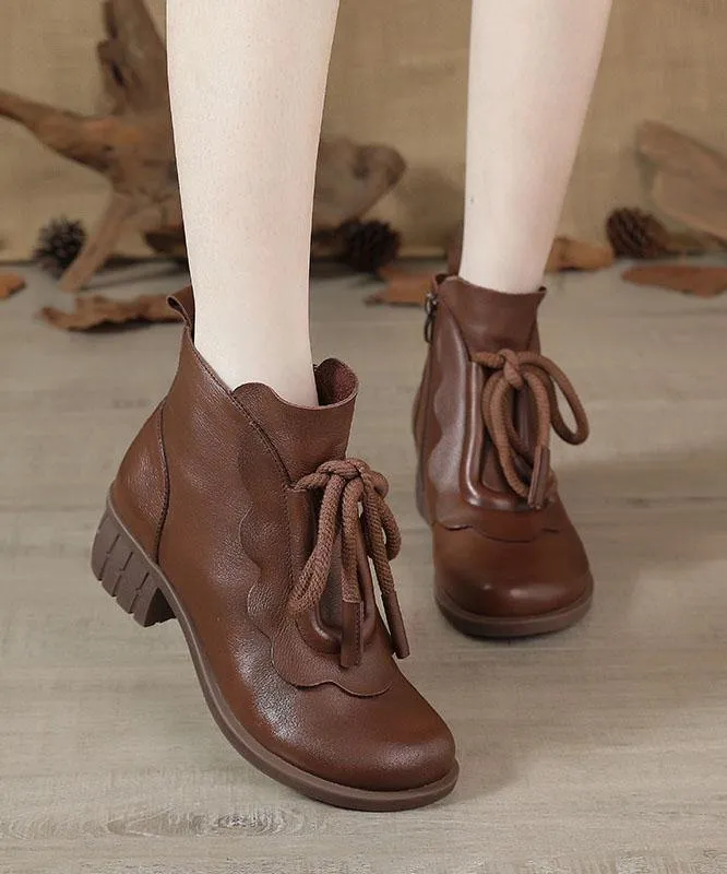 Brown Boots Chunky Cowhide Leather Fashion Lace Up Boots RD021