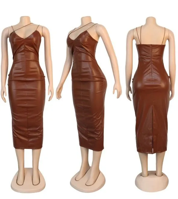 Chocolate Strap Detail Midi Leather Dress