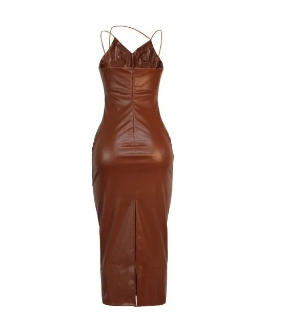 Chocolate Strap Detail Midi Leather Dress