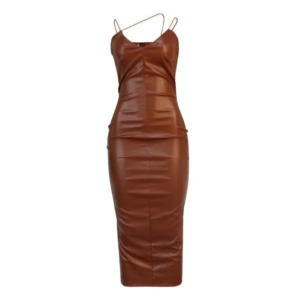 Chocolate Strap Detail Midi Leather Dress