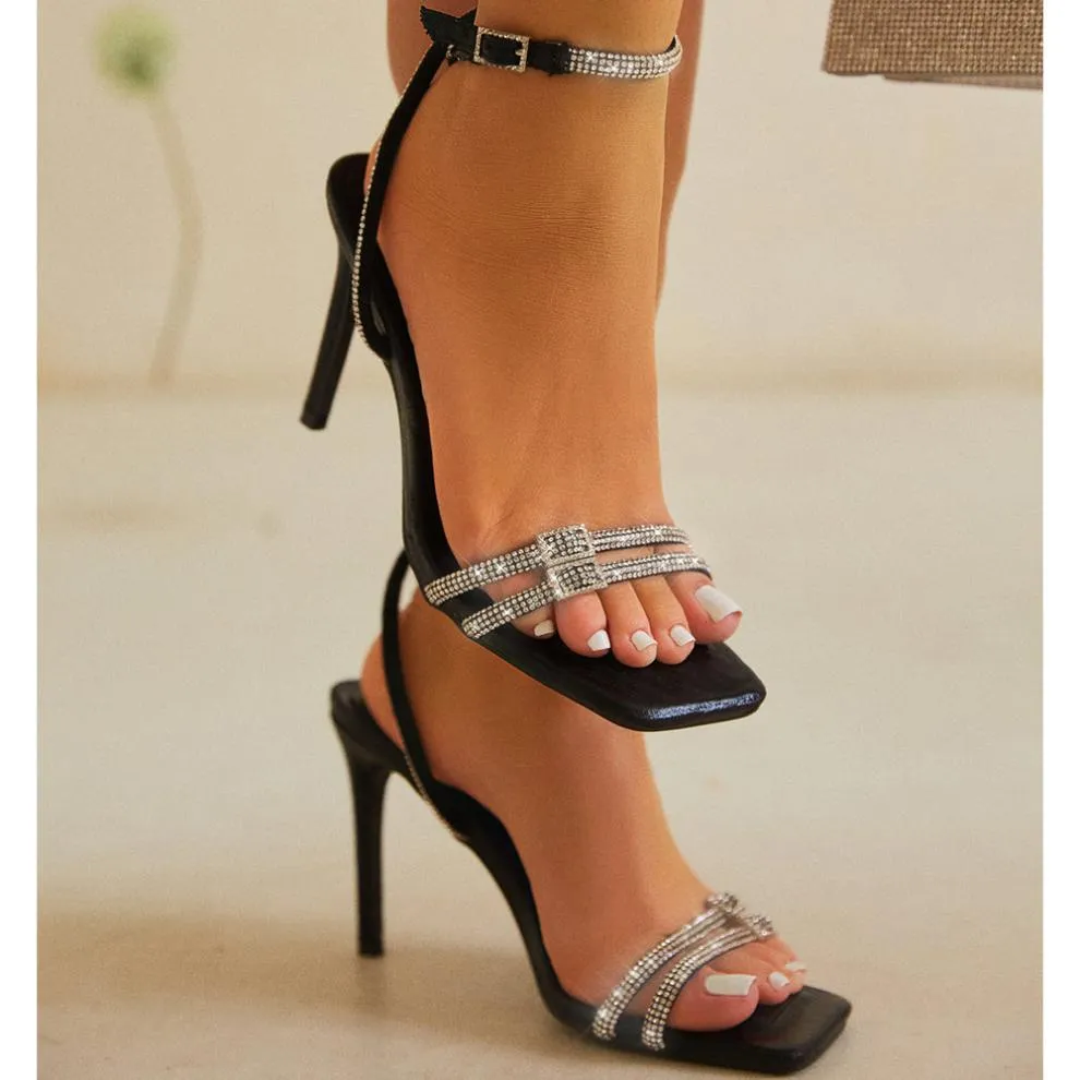 Elegant Rhinestone Square Toe Thin Heel Party Sandals