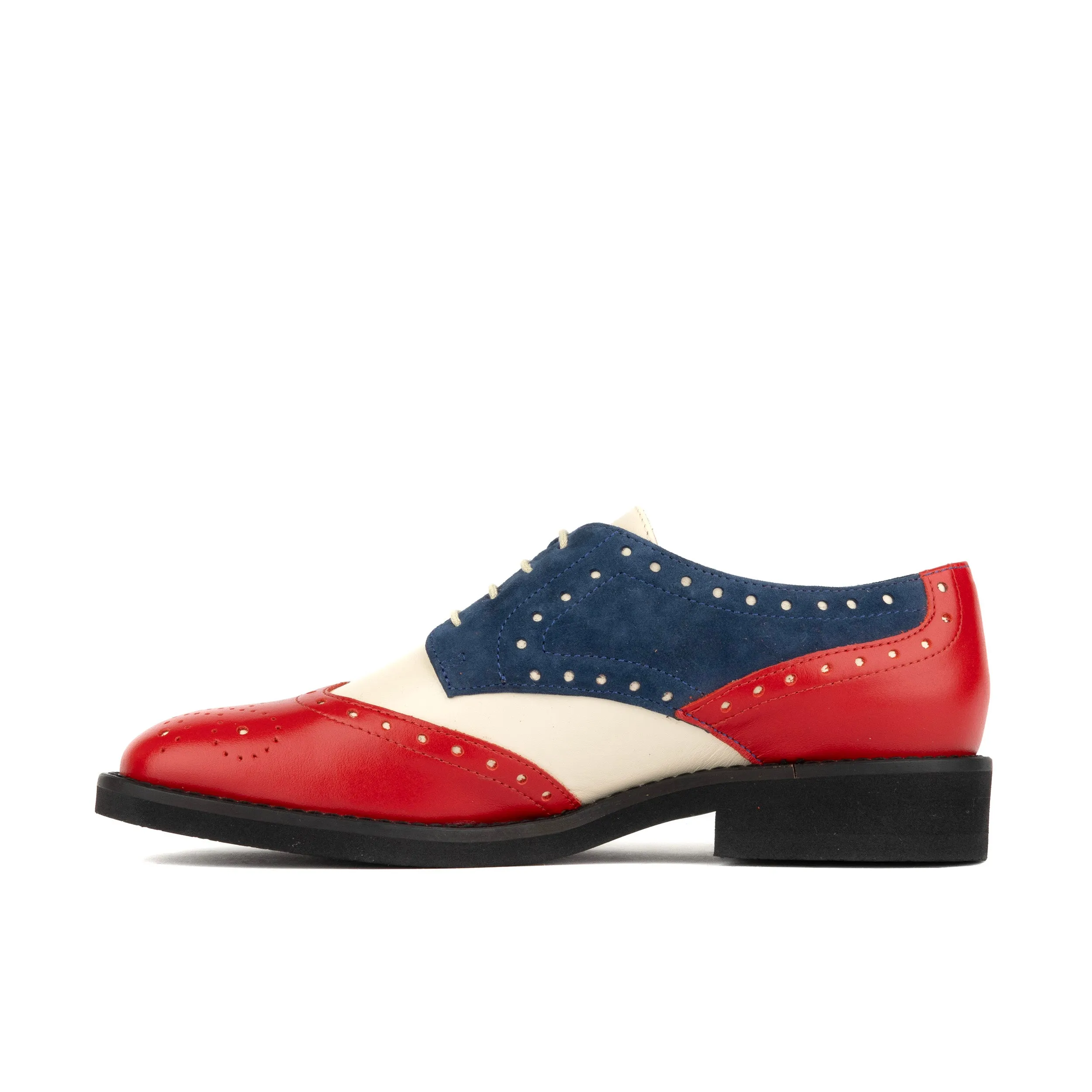 Eton - Red & Blue & Cream - Women's square toe leather lace-up with brogue styling