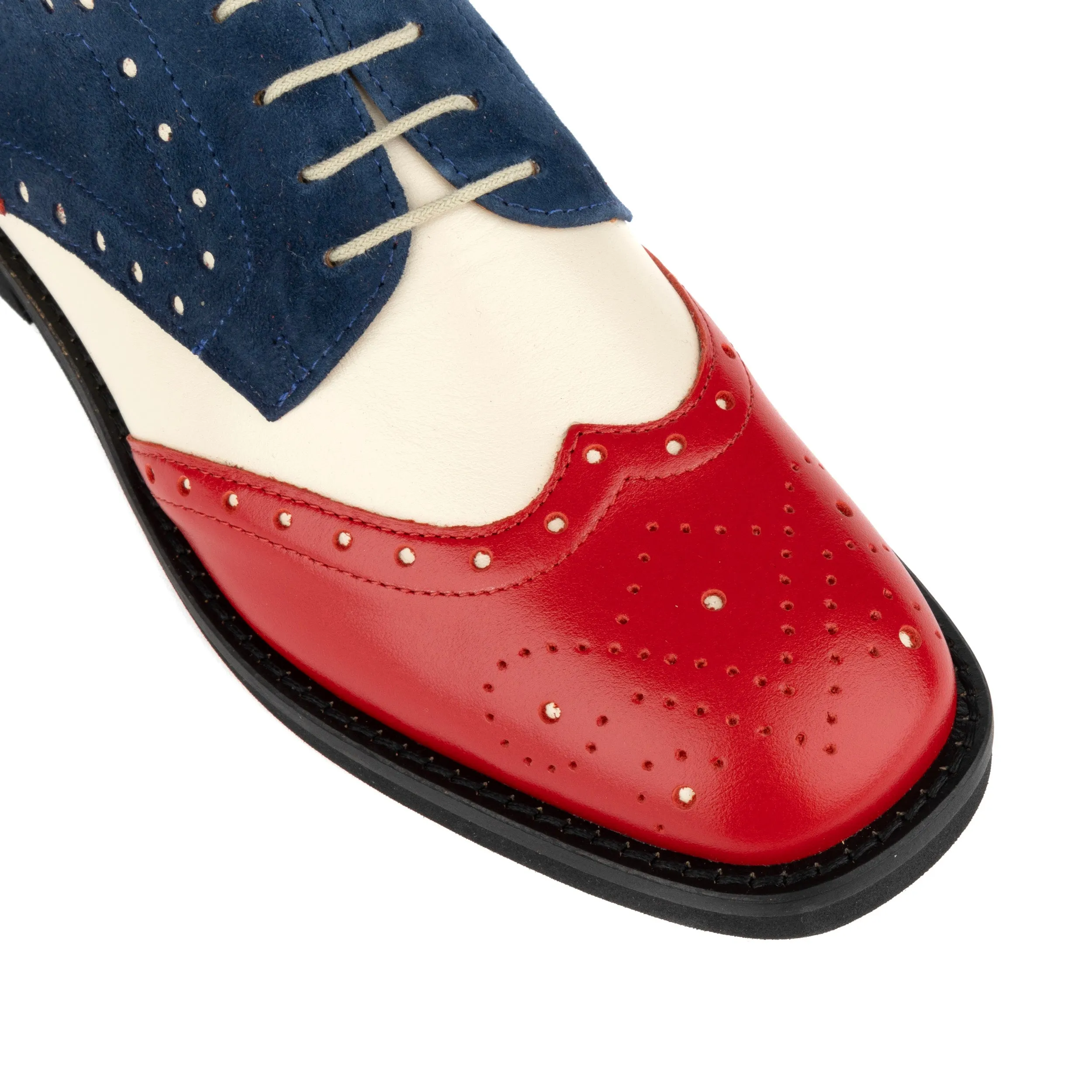 Eton - Red & Blue & Cream - Women's square toe leather lace-up with brogue styling