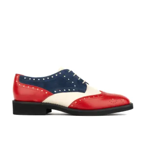 Eton - Red & Blue & Cream - Women's square toe leather lace-up with brogue styling