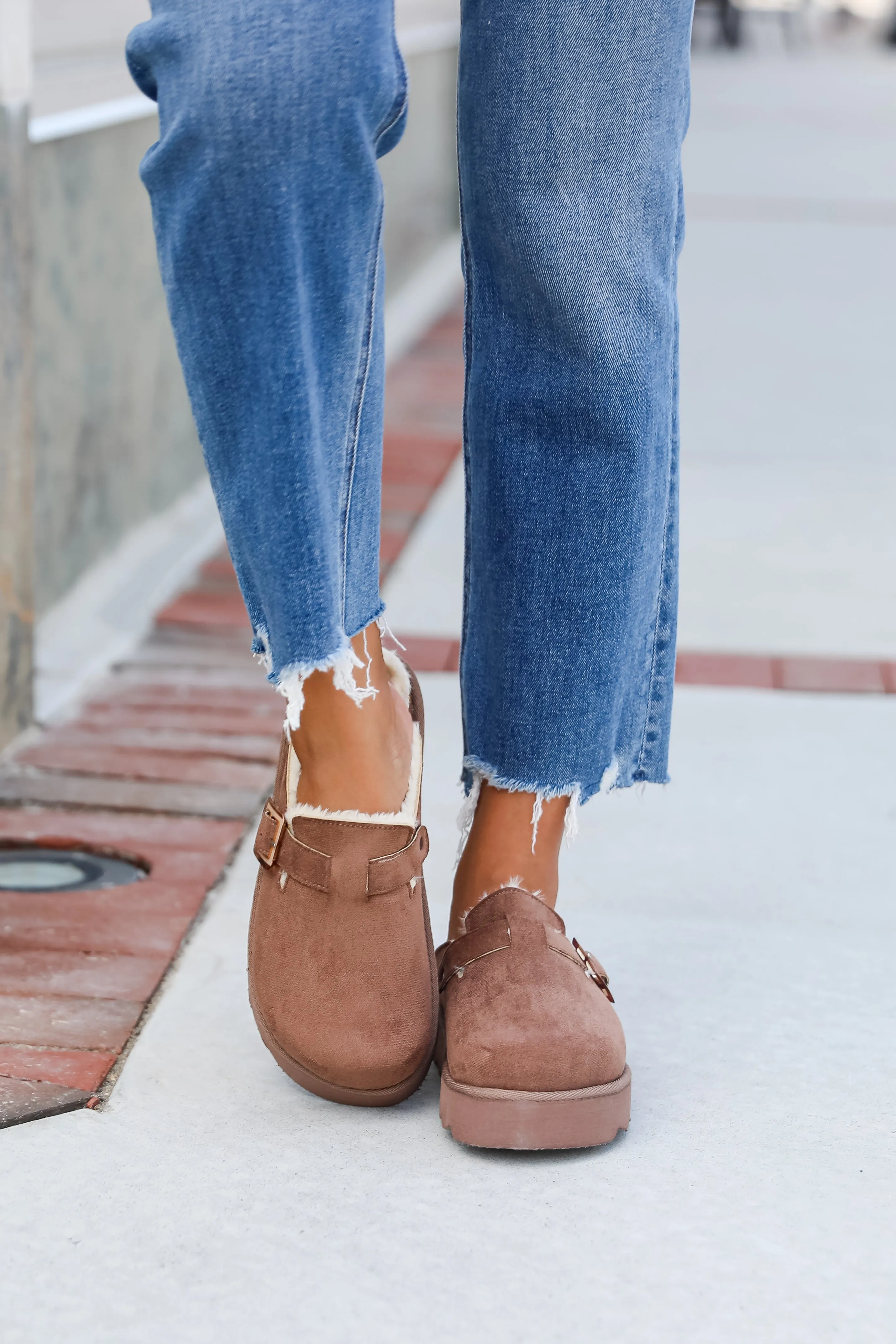 Fuzzy Feelings Taupe Fur Lined Platform Slip-On Clogs