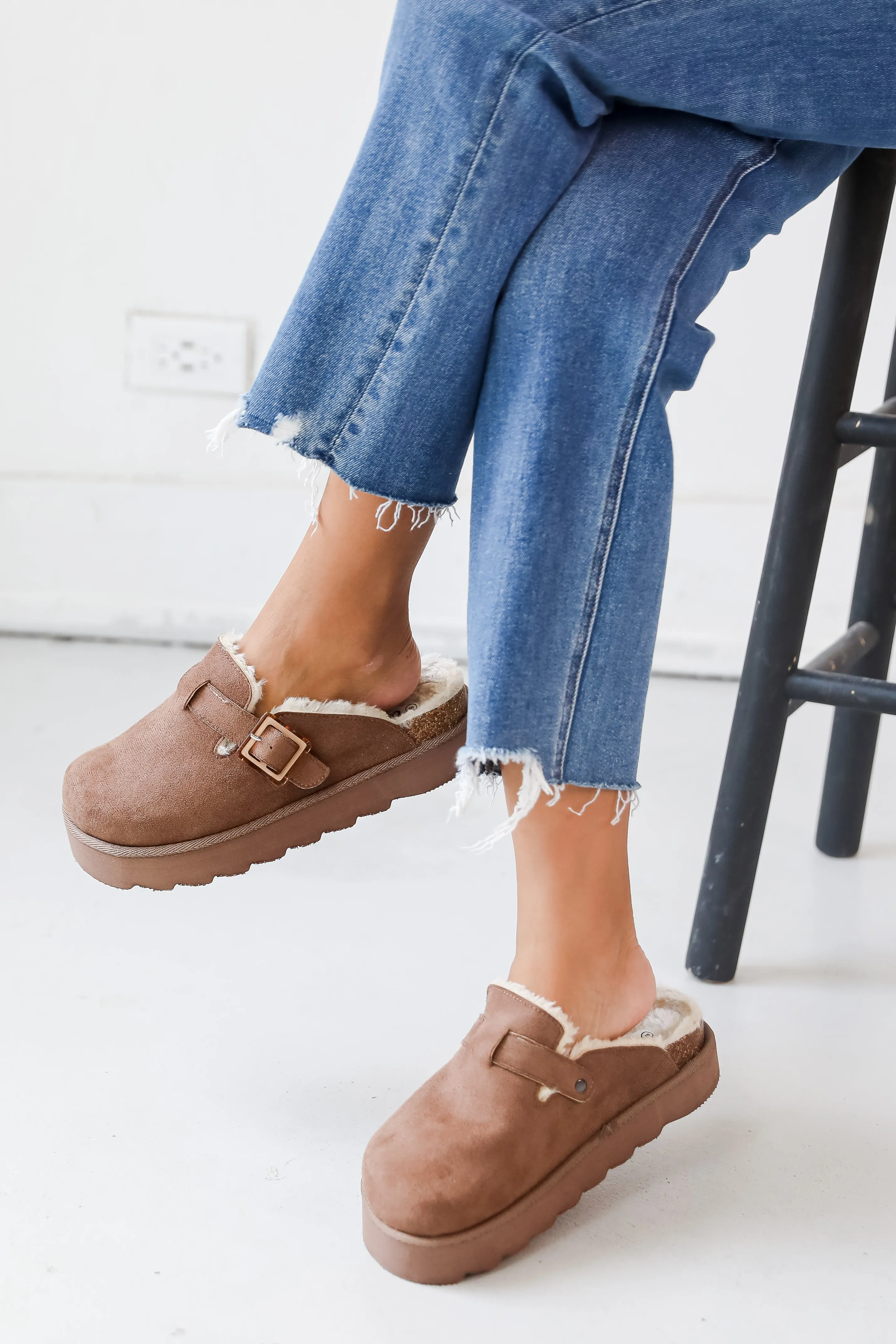 Fuzzy Feelings Taupe Fur Lined Platform Slip-On Clogs