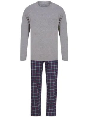 Glencoe 2pc Crew Neck Long Sleeve Cotton Checked Lounge Set in Mid Grey Marl - Tokyo Laundry