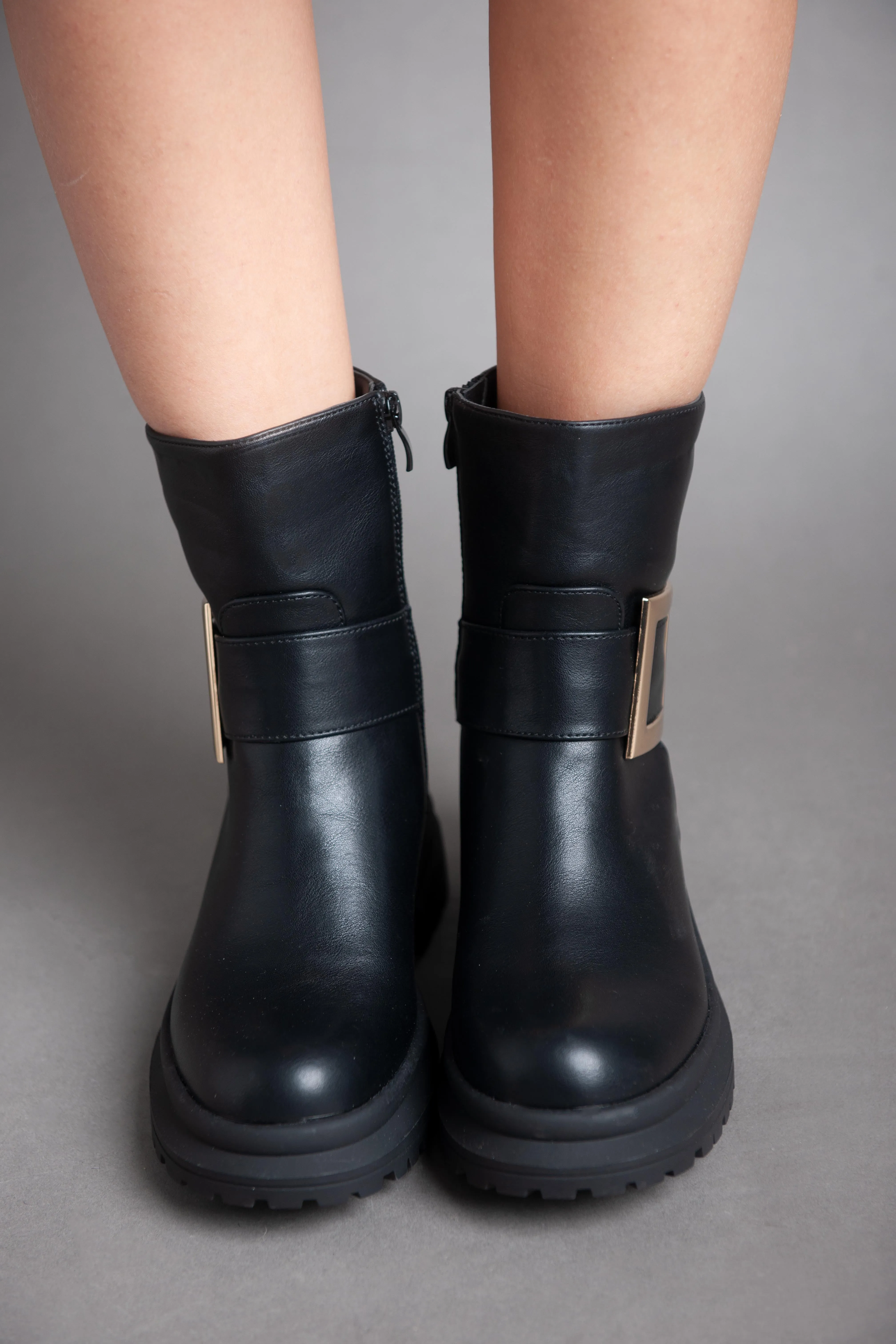 Golden Square Strap Half Boot - Black