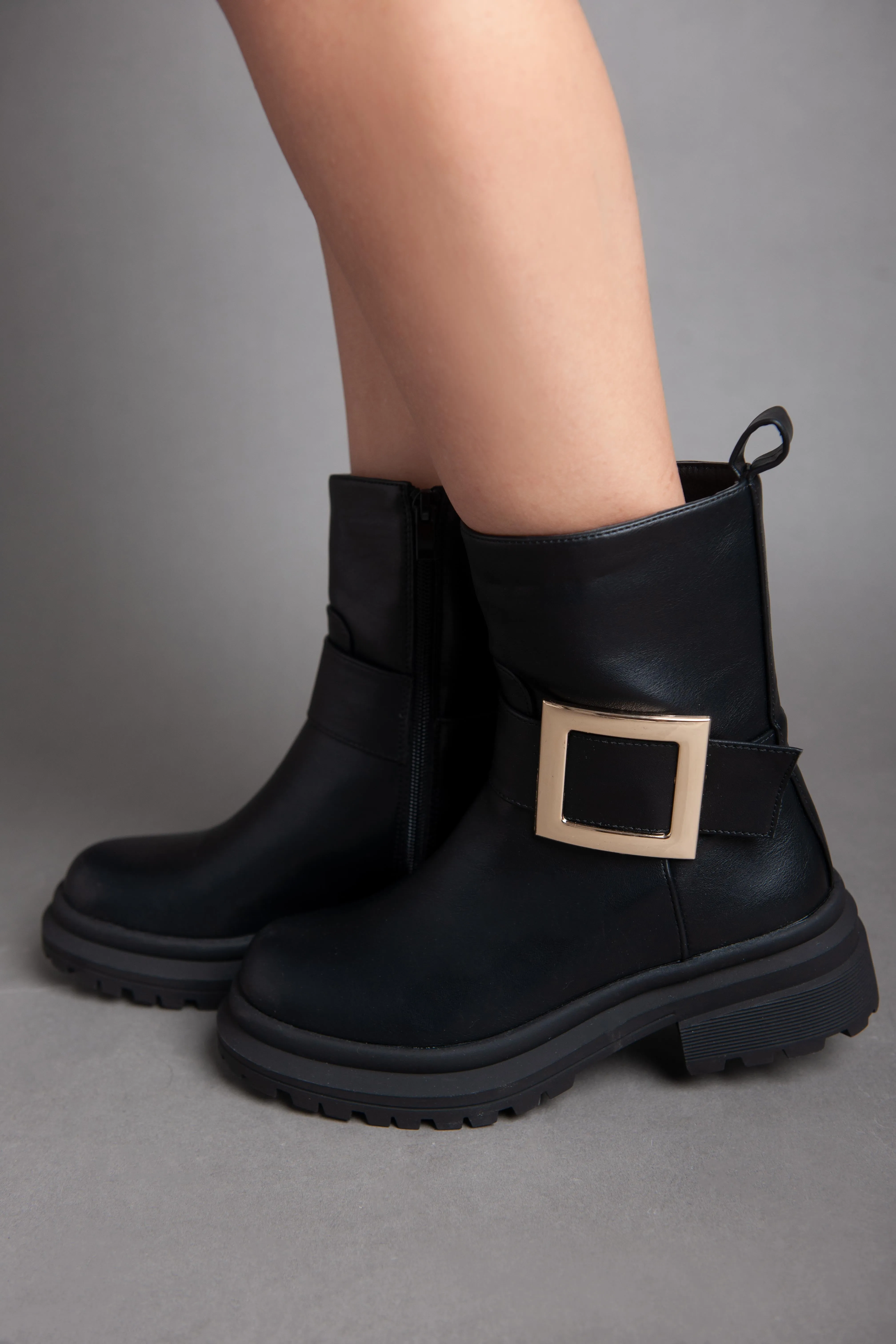 Golden Square Strap Half Boot - Black