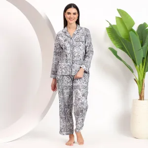 Gray Floral Long PJ Set with Lapel Collar for Women