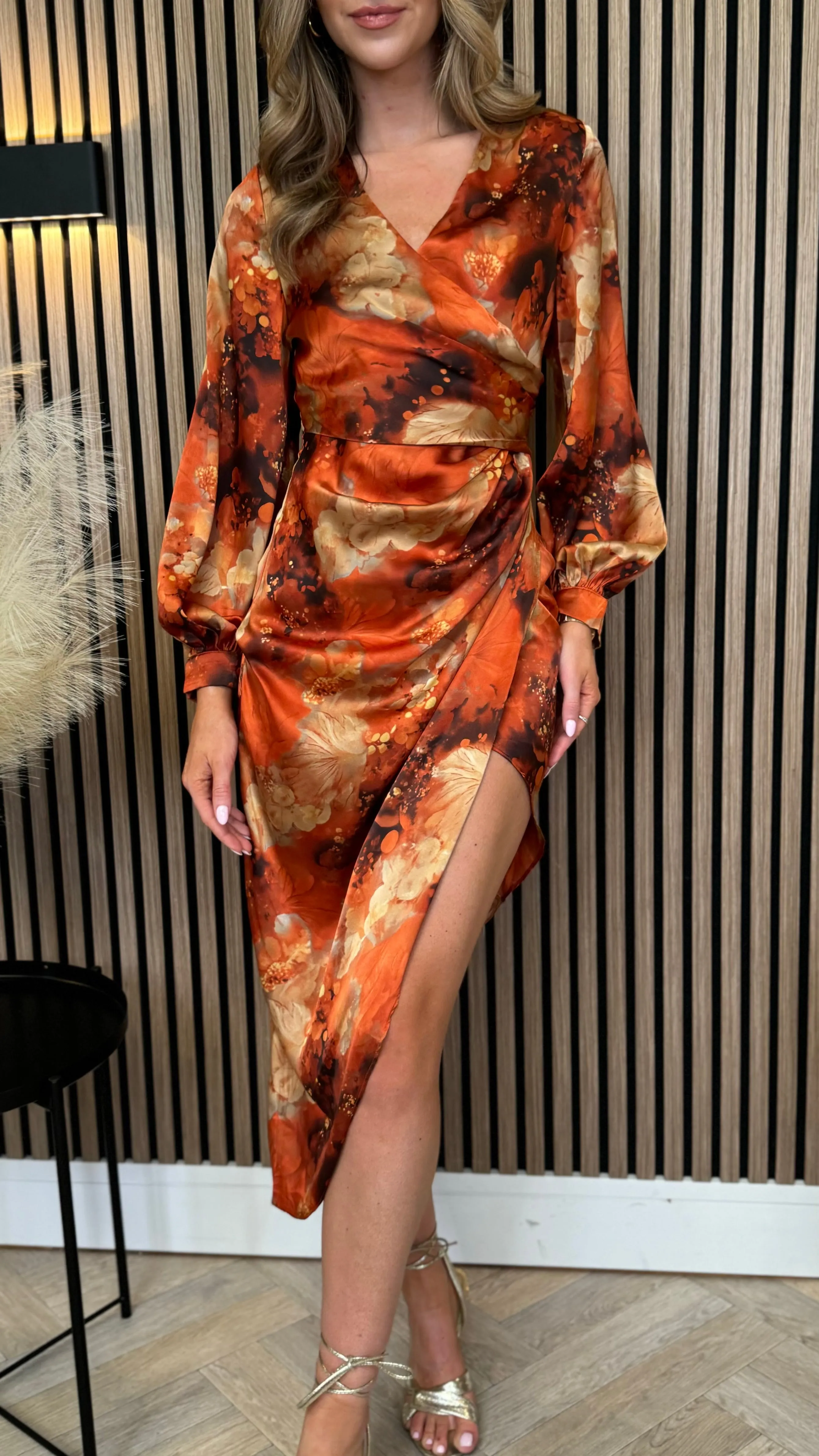 Hermione Orange Multi Long Sleeve Wrap Asymmetric Dress