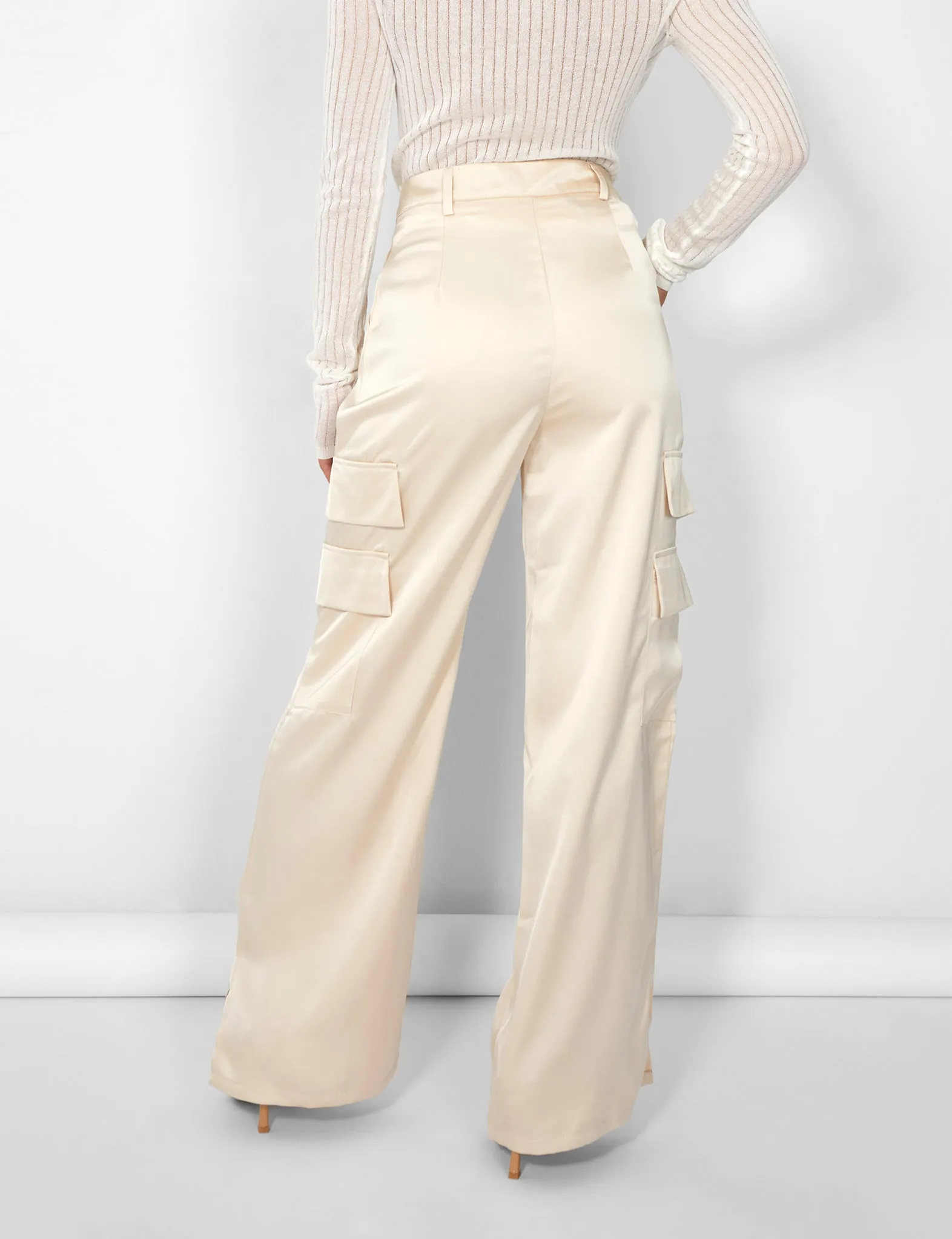 Kaiia Satin Wide Leg Cargos in Beige