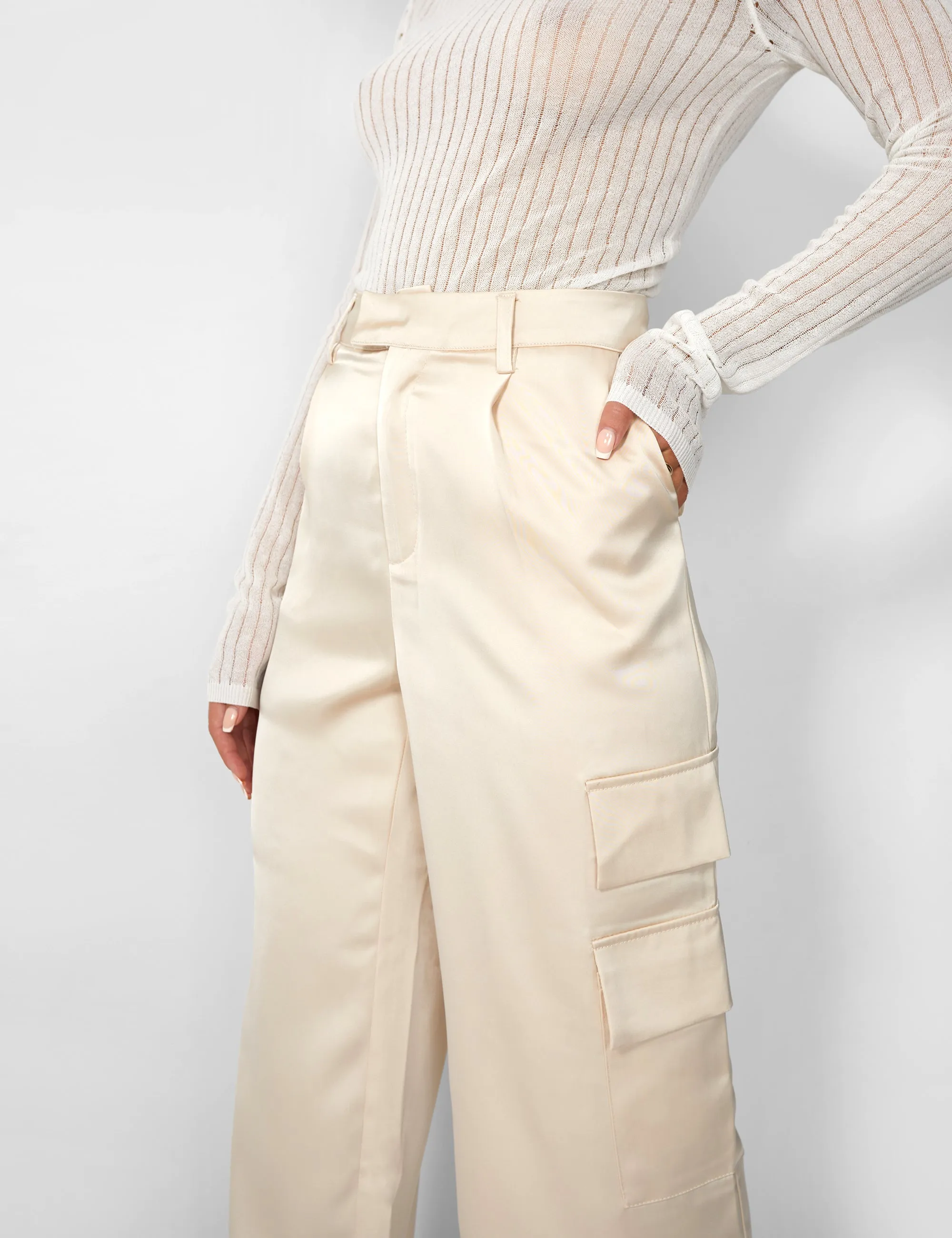 Kaiia Satin Wide Leg Cargos in Beige