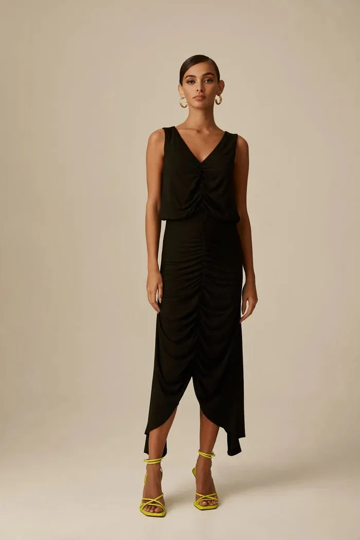 Krisa High Low Ruched Dress in Black