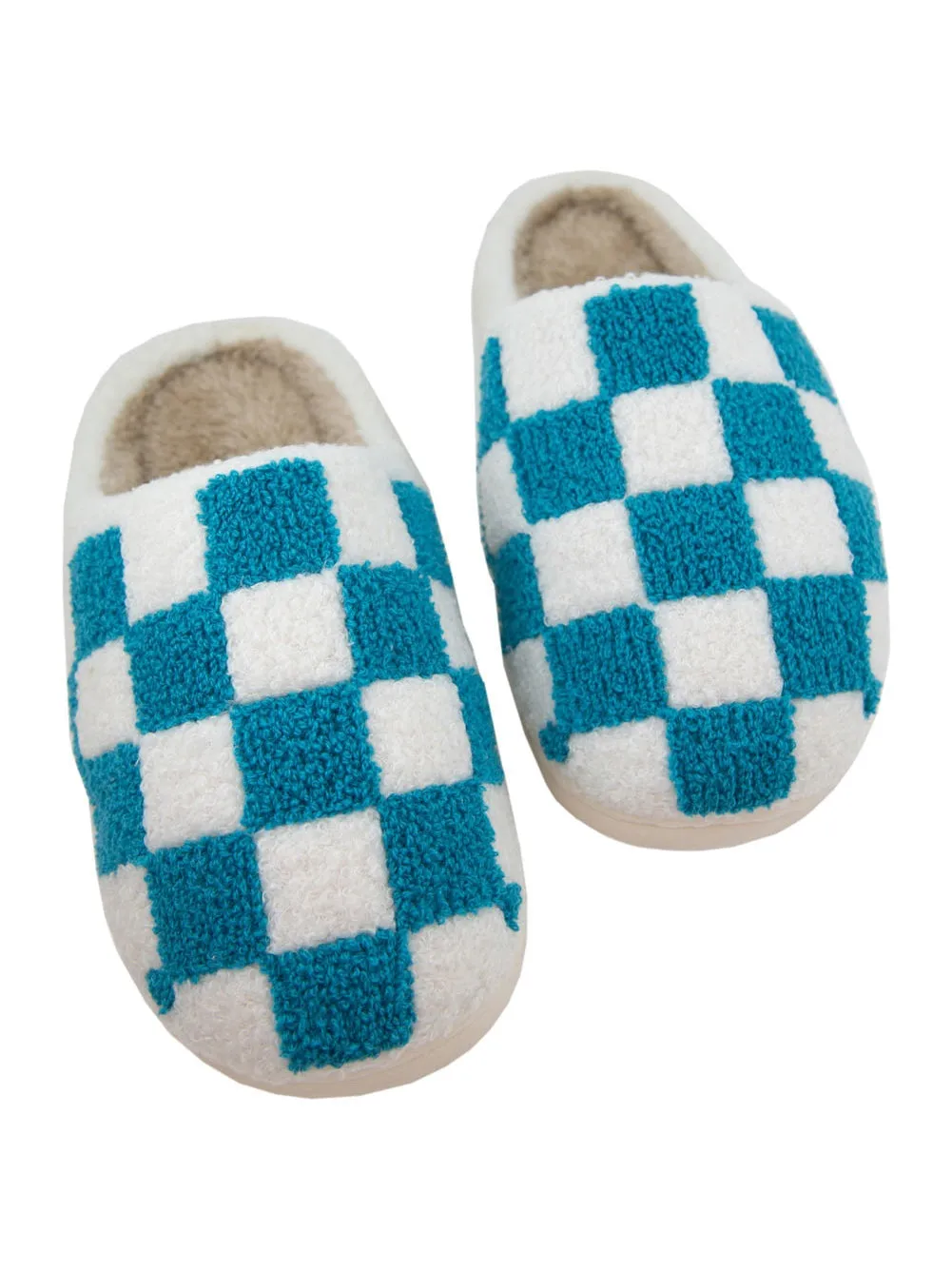 Light Blue Checkered Round Toe Plush Slippers