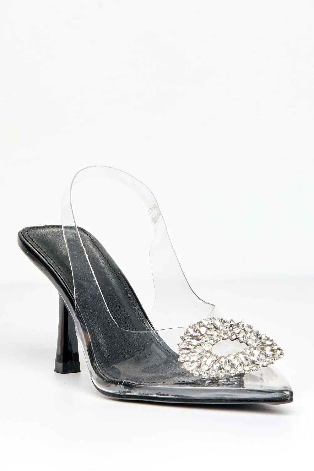 Lolya Diamante Brooch Detail Perspex Court Shoe Heels in Black