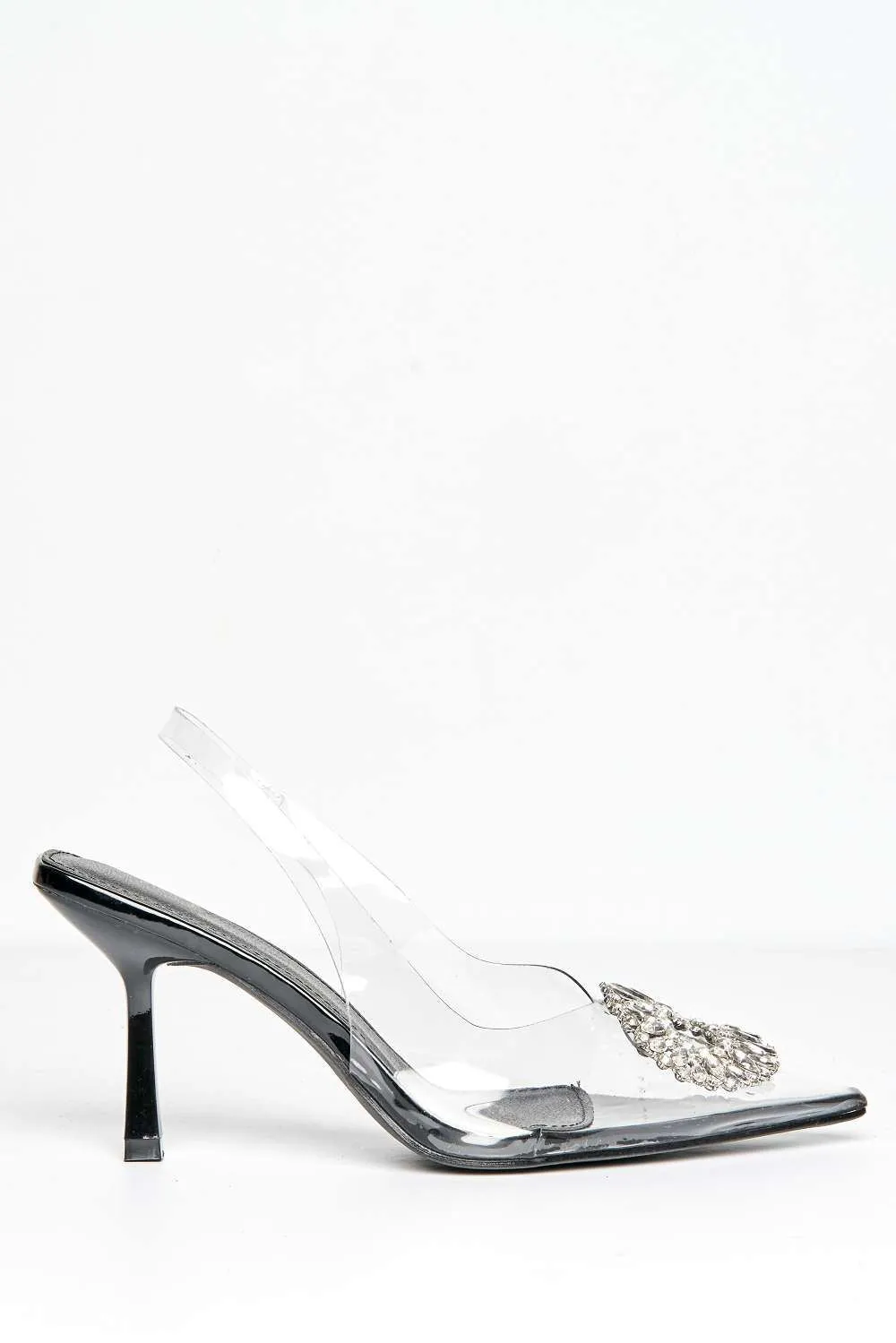 Lolya Diamante Brooch Detail Perspex Court Shoe Heels in Black