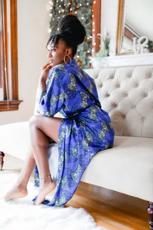 Long African Print Satin Robe Blue