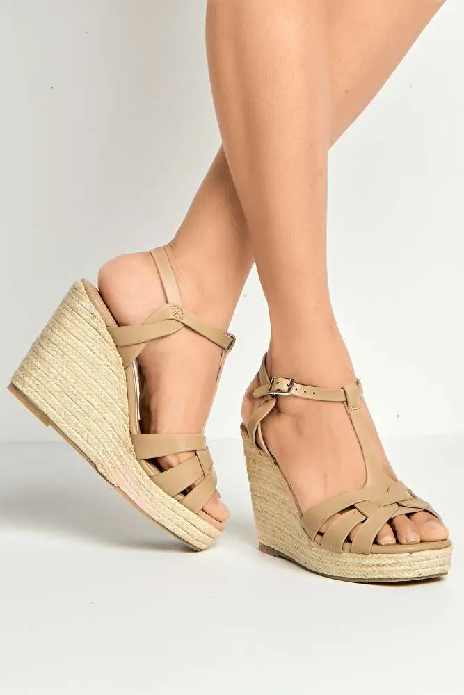 Lulu 3-Strap Open Toe Anklestrap Wedges in Nude