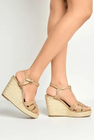 Lulu 3-Strap Open Toe Anklestrap Wedges in Nude