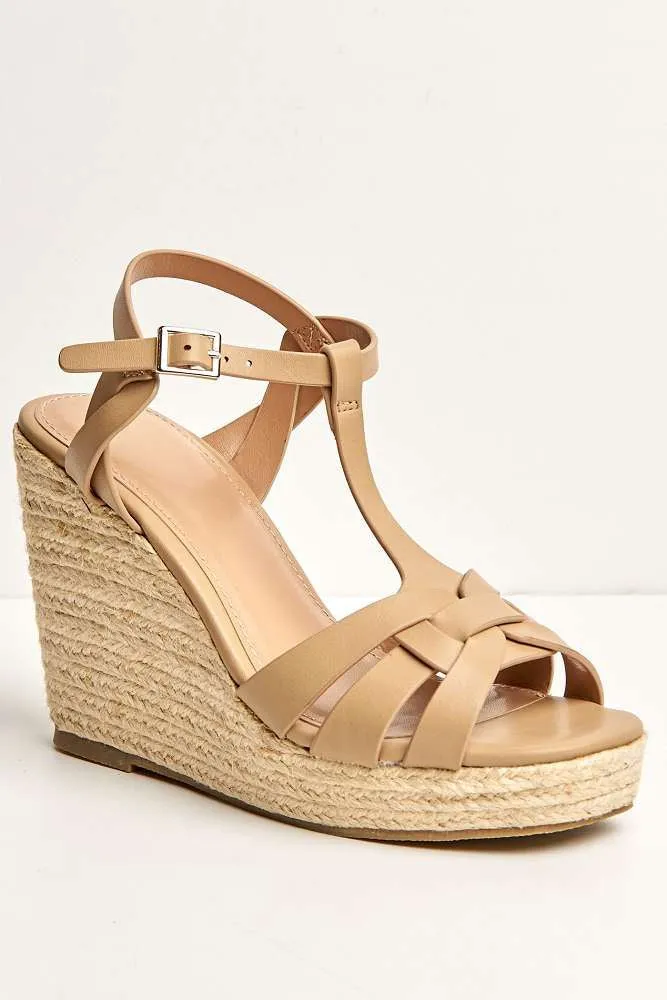 Lulu 3-Strap Open Toe Anklestrap Wedges in Nude