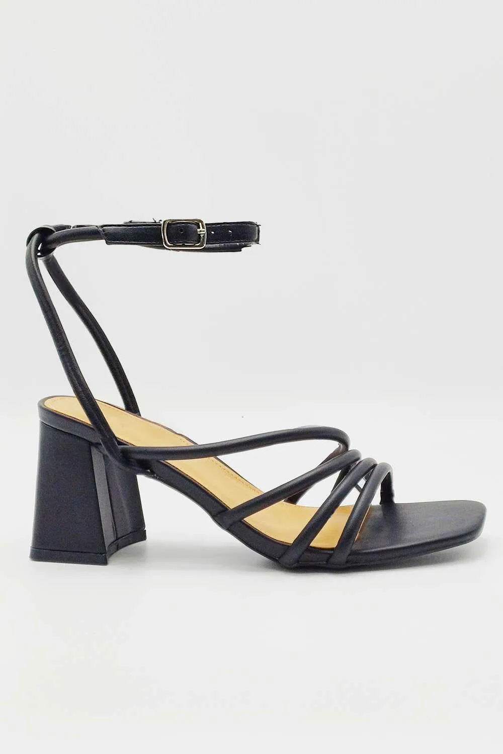 Milena Square Toe Strappy Block Heel Sandals in Black