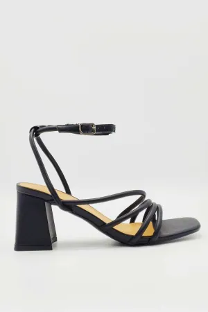 Milena Square Toe Strappy Block Heel Sandals in Black