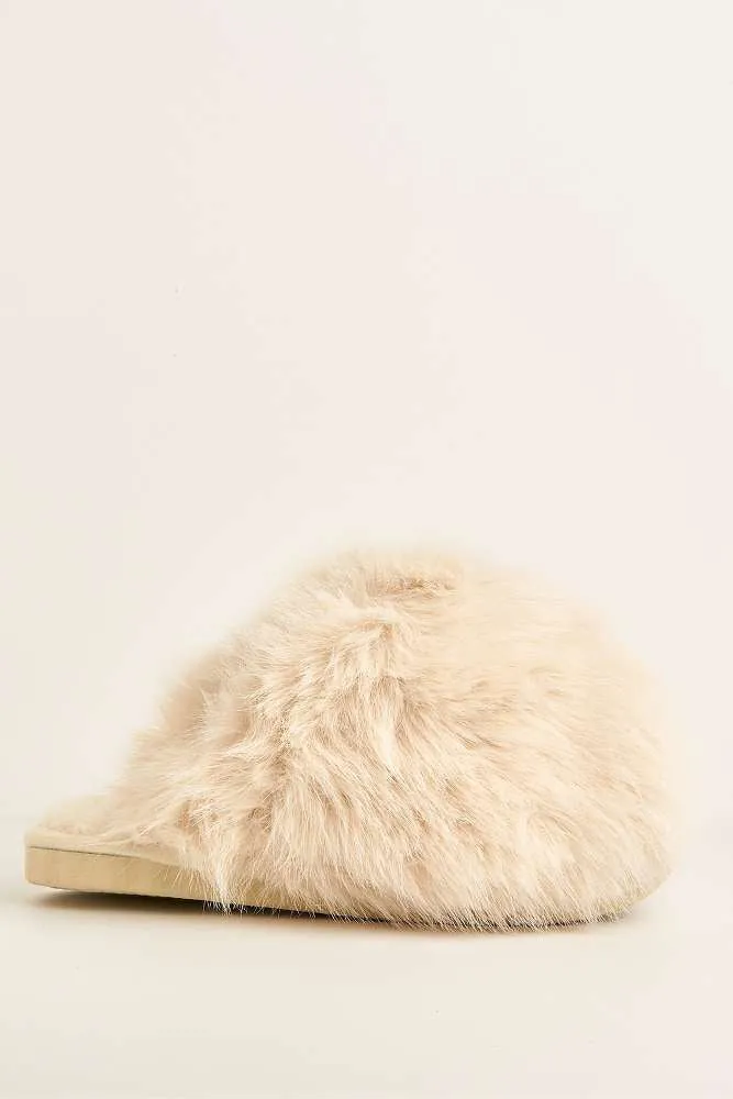 Mimi Fluffy Flat Slippers in Beige