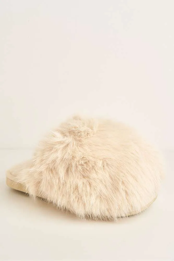 Mimi Fluffy Flat Slippers in Beige