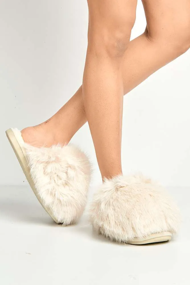 Mimi Fluffy Flat Slippers in Beige