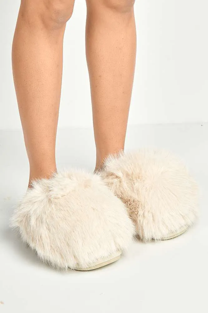 Mimi Fluffy Flat Slippers in Beige