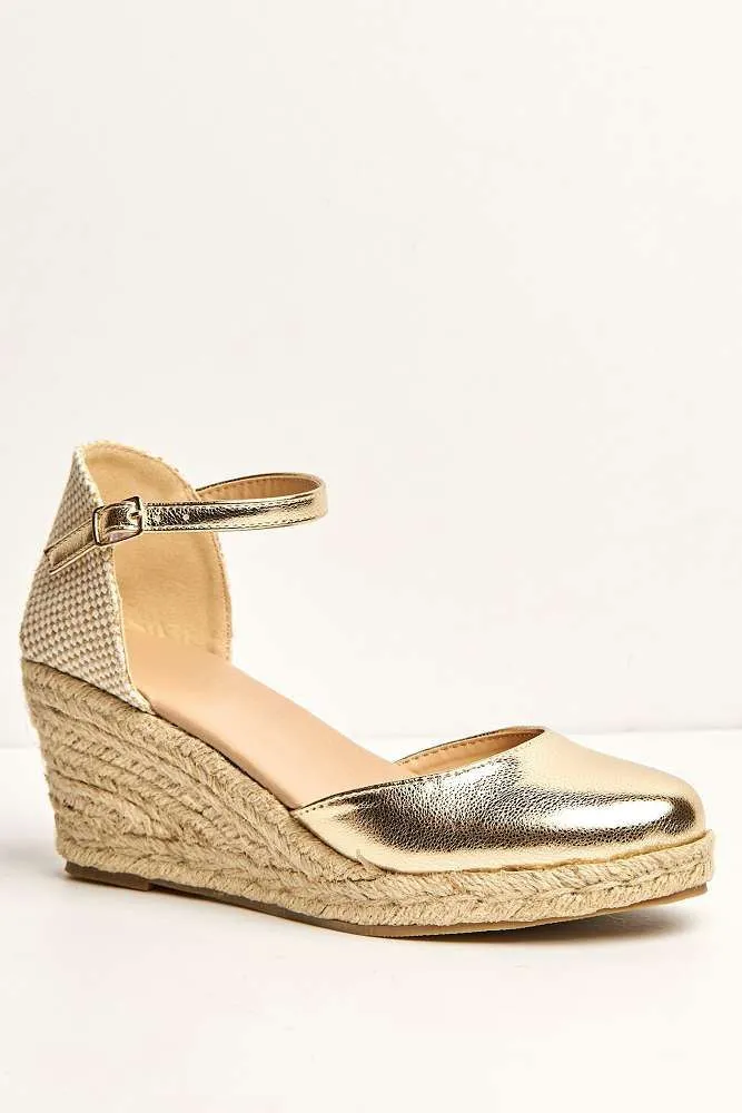 Mira Closed Toe Anklestrap Wedges in Gold