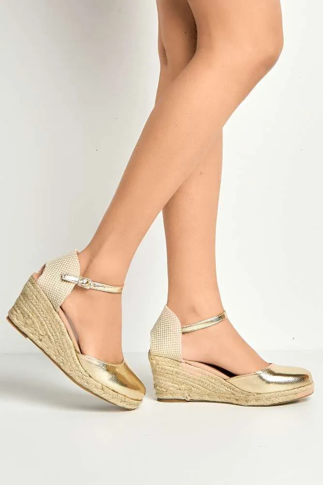 Mira Closed Toe Anklestrap Wedges in Gold