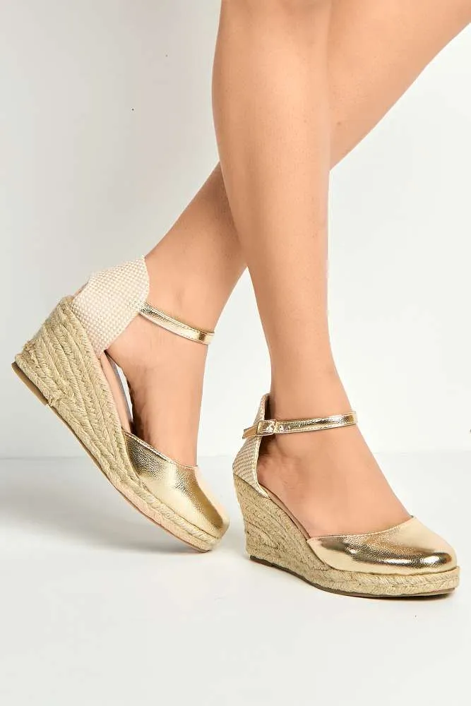 Mira Closed Toe Anklestrap Wedges in Gold