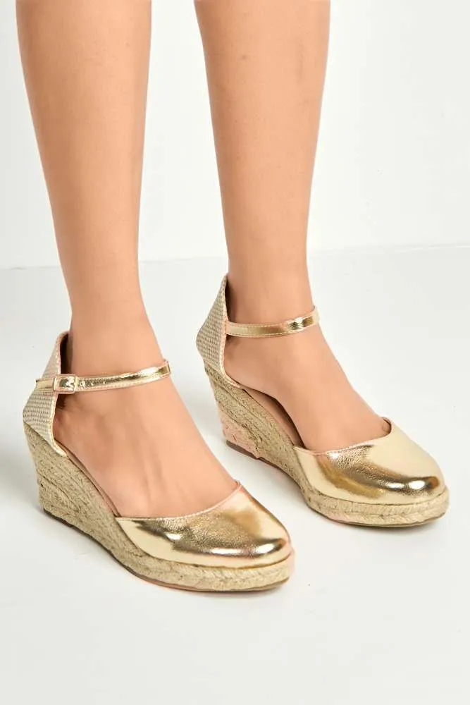 Mira Closed Toe Anklestrap Wedges in Gold