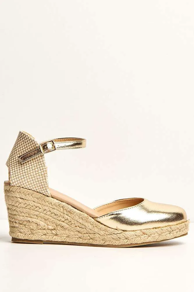 Mira Closed Toe Anklestrap Wedges in Gold