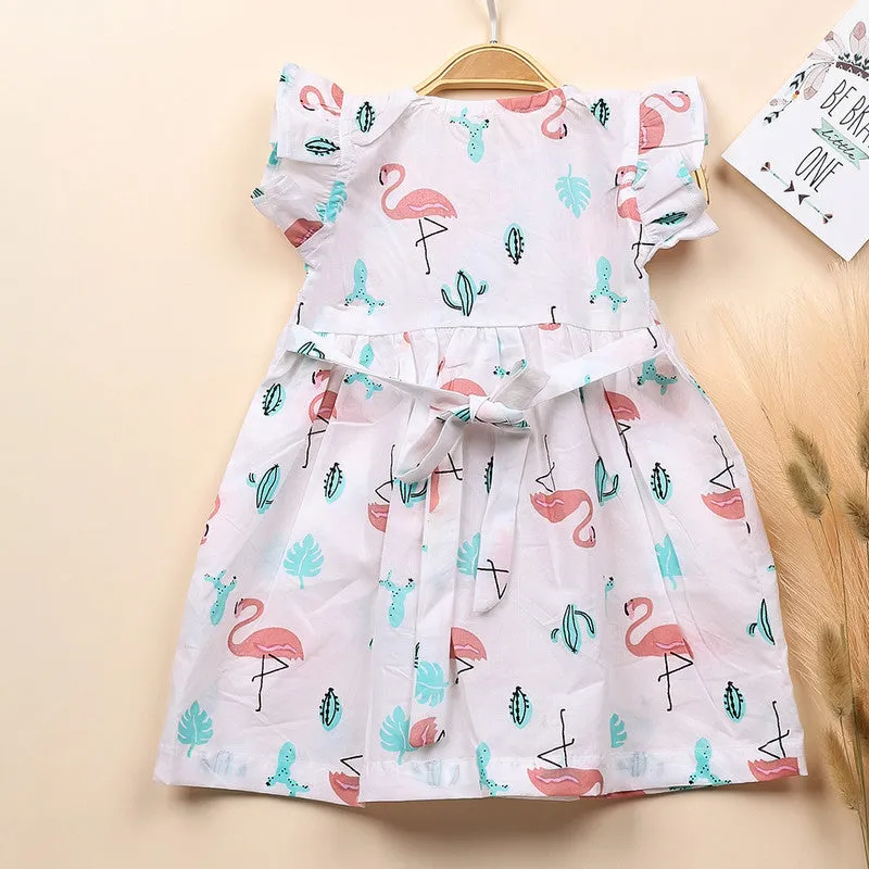 Organic Cotton Muslin Sleevless Frock Dress Baby Girl | Flamingo Printed | Green