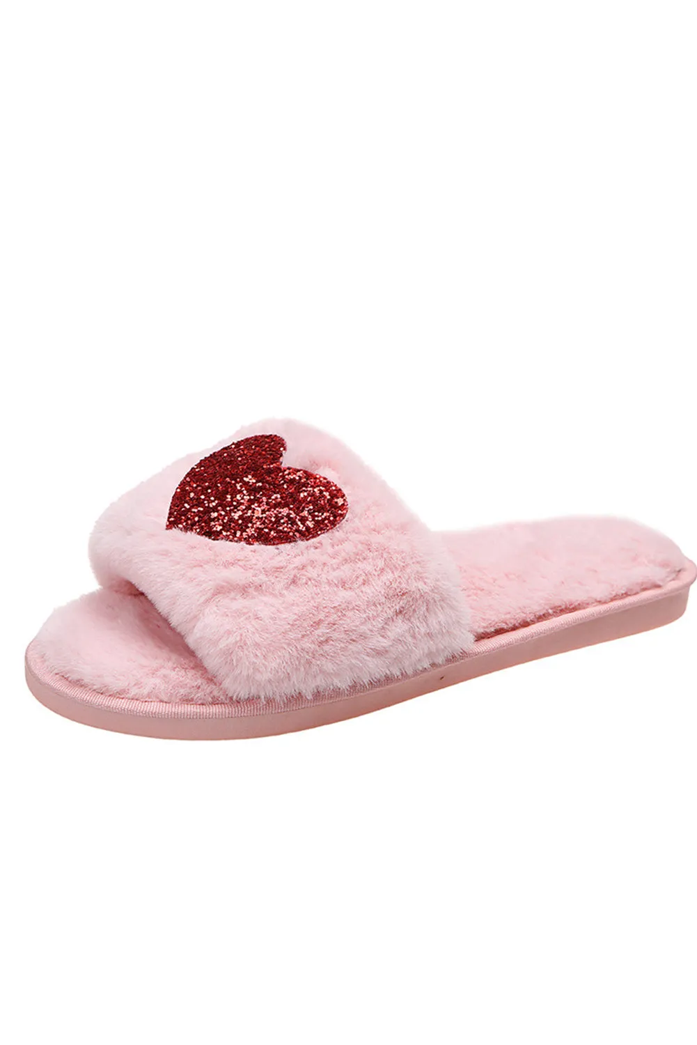 Pink Sequin Heart Shaped Slip On Plush Slippers