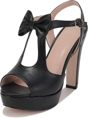 Pretty Black Bow Chic Platform Open Toe Mary Jane Heels